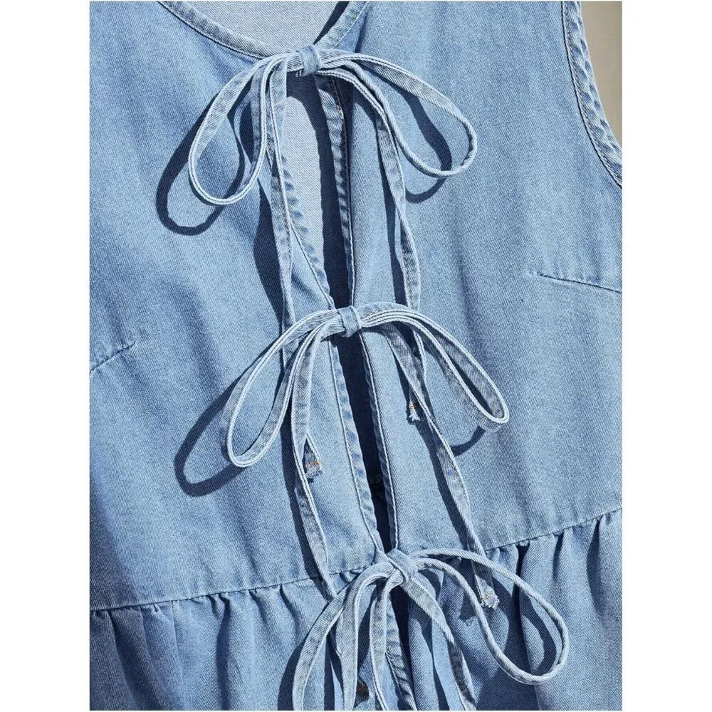 Women's Denim Vest Light Wash Sleeveless Peplum V Neck Ruffle Hem Top